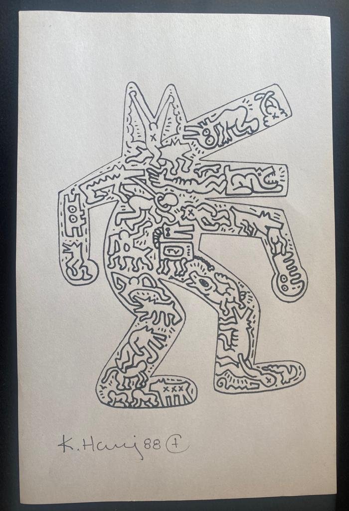 Signed & Stamped Keith Haring Mixed Media on paper: Signed and Stamped Keith Haring Mixed Media on Paper. Aprox size 20 x 32 cms. This item has limited provenance, it doesnt have any documentation or cerfication, Sold "as is" to the manner or style of 