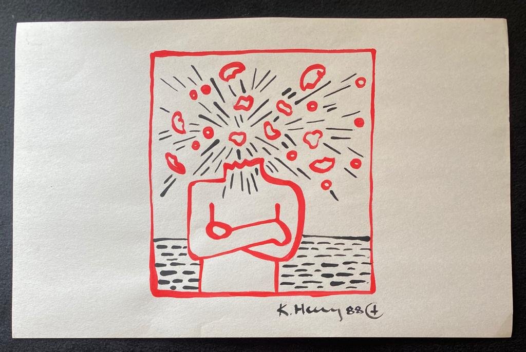 Signed & Stamped Keith Haring Mixed Media on paper: Signed and Stamped Keith Haring Mixed Media on Paper. Aprox size 20 x 32 cms. This item has limited provenance, it doesnt have any documentation or cerfication, Sold "as is" to the manner or style of 