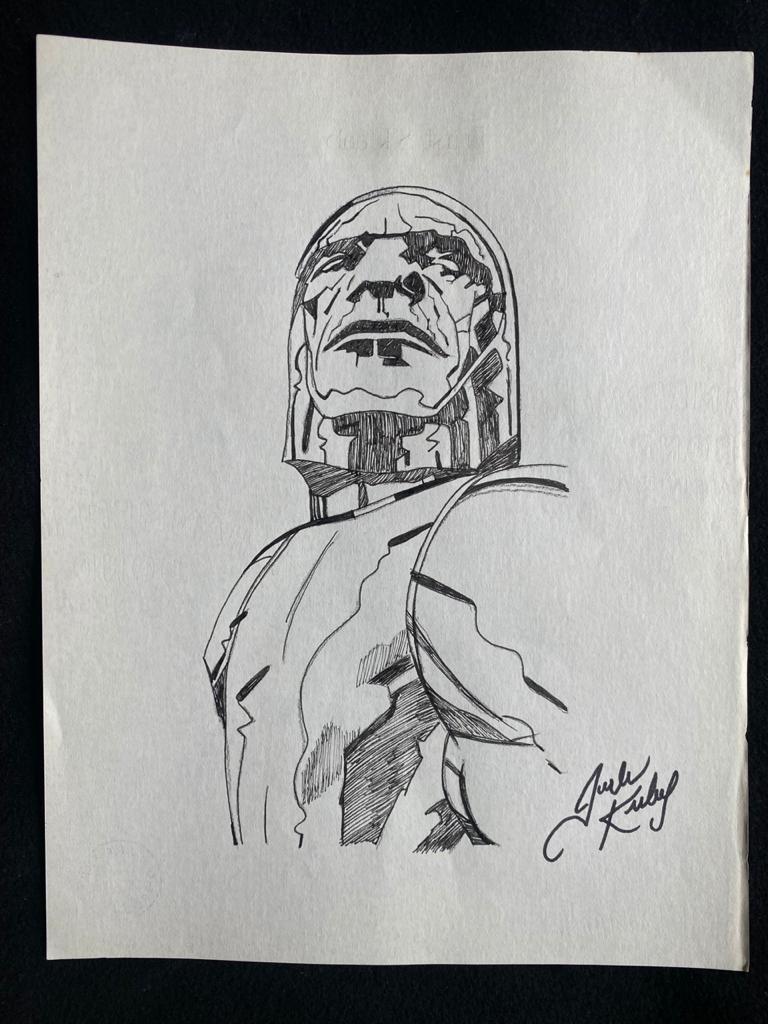 Signed and Stamped Jack Kirby Drawing on paper: Signed and Stamped Jack Kirby Drawing on paper, Aprox size 20 x 30 cm. This item has limited provenance, it doesnt have any documentation or cerfication, Sold "as is" to the manner or style of the art