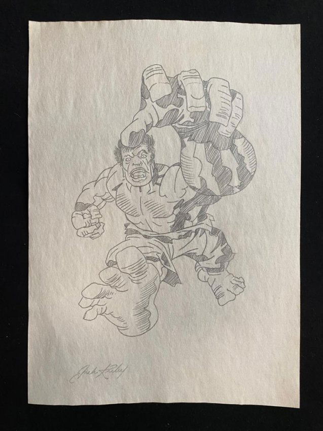 Signed and Stamped Jack Kirby Drawing on paper: Signed and Stamped Jack Kirby Drawing on paper, Aprox size 20 x 30 cm. This item has limited provenance, it doesnt have any documentation or cerfication, Sold \"as is\" to the manner or style of the a
