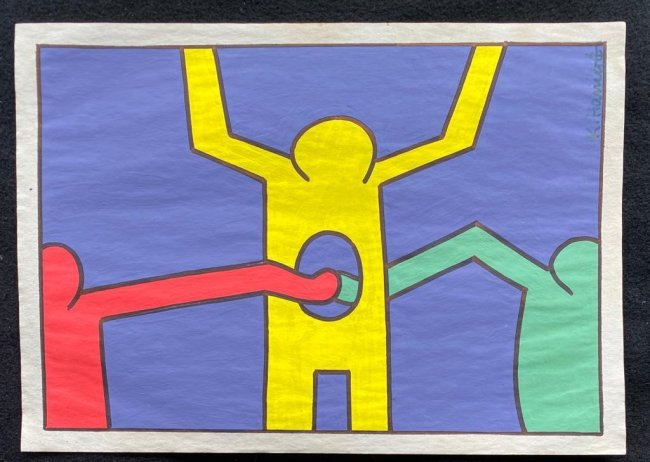 Signed and Stamped Keith Haring Mixed Media on paper: Signed and Stamped Keith Haring Mixed Media on Paper. Aprox size 20 x 30 cm. This item has limited provenance, it doesnt have any documentation or cerfication, Sold \\\"as is\\\" to the manner or styl