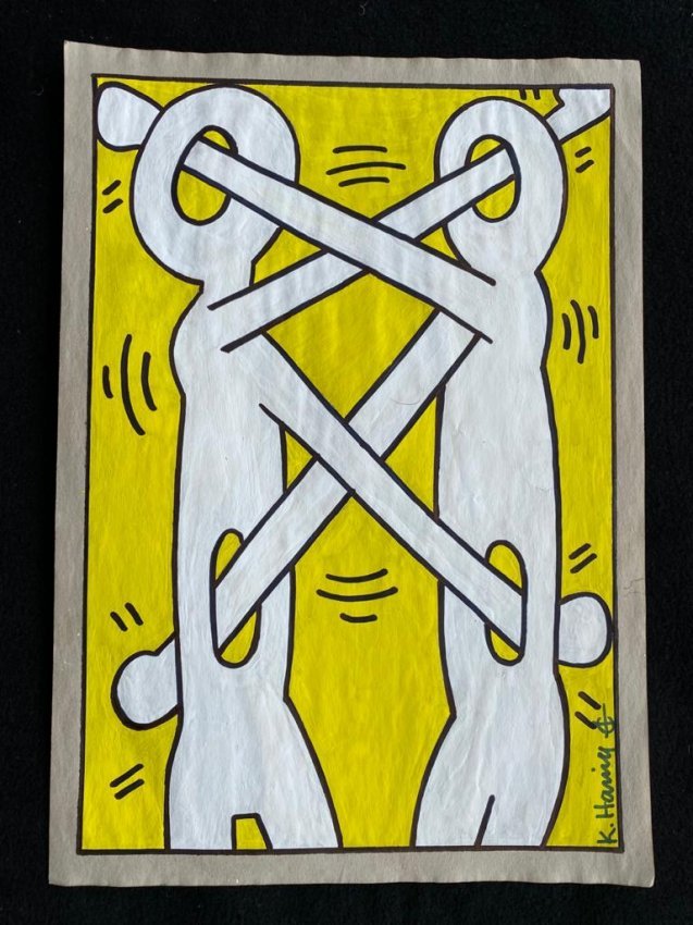 Signed and Stamped Keith Haring Mixed Media on paper: Signed and Stamped Keith Haring Mixed Media on Paper. Aprox size 20 x 30 cm. This item has limited provenance, it doesnt have any documentation or cerfication, Sold \\\"as is\\\" to the manner or styl