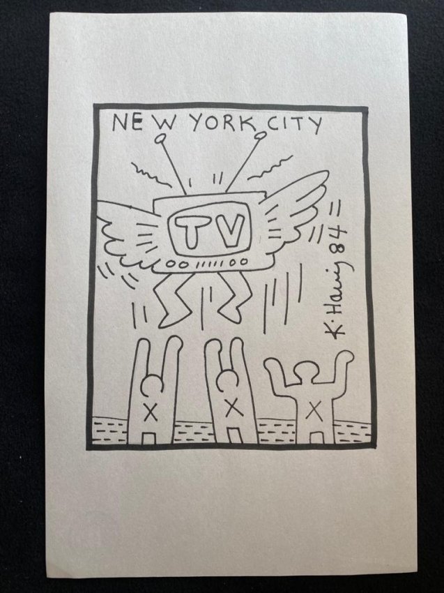 Signed & Stamped Keith Haring Mixed Media on paper: Signed and Stamped Keith Haring Mixed Media on Paper. Aprox size 20 x 32 cms. This item has limited provenance, it doesnt have any documentation or cerfication, Sold \"as is\" to the manner or style o