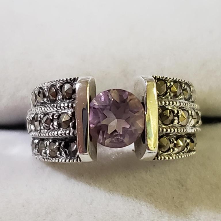 $160 Silver Amethyst Marcasite Ring: Silver Amethyst Marcasite Ring (~Size 6)(Ring is resizable for $40) (~weight 5.51g), Suggested Retail Value $160