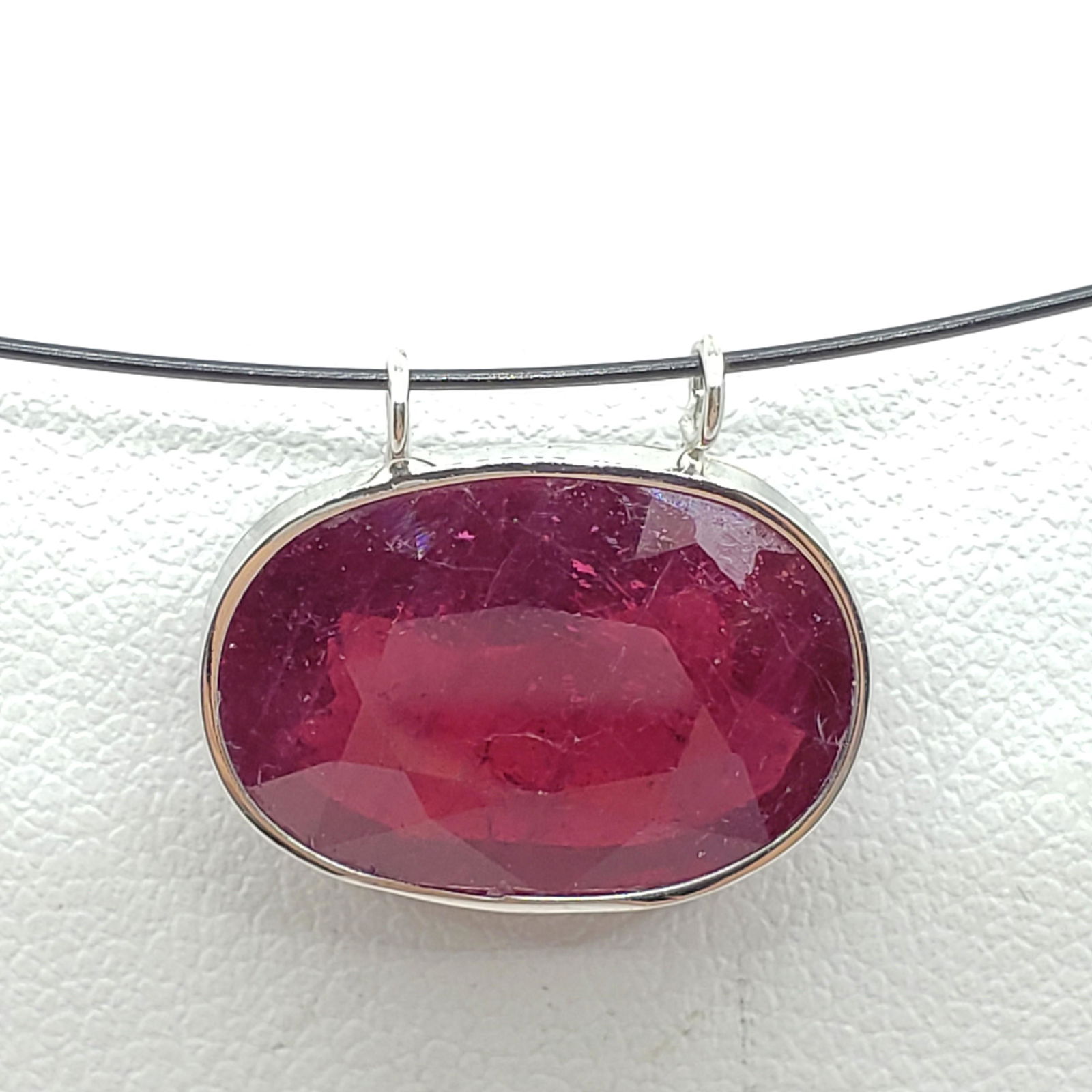 Certified 14K Enhanced Ruby(9ct) Necklace: 14K White Gold Enhanced Ruby(9ct) With High Fashion Cord Necklace (~weight 2.92g), Custom Designed in Canada, Suggested Retail Value: $600