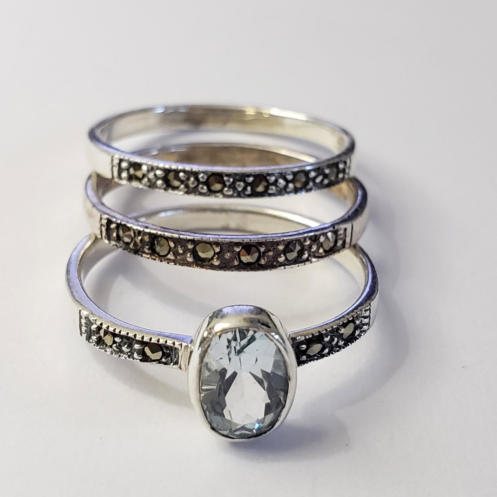 $160 Silver 3 Stackings Blue Topaz Marcasite Ring: Silver 3 Stackings Blue Topaz Marcasite Ring (~weight 4.61g), Suggested Retail Value $160