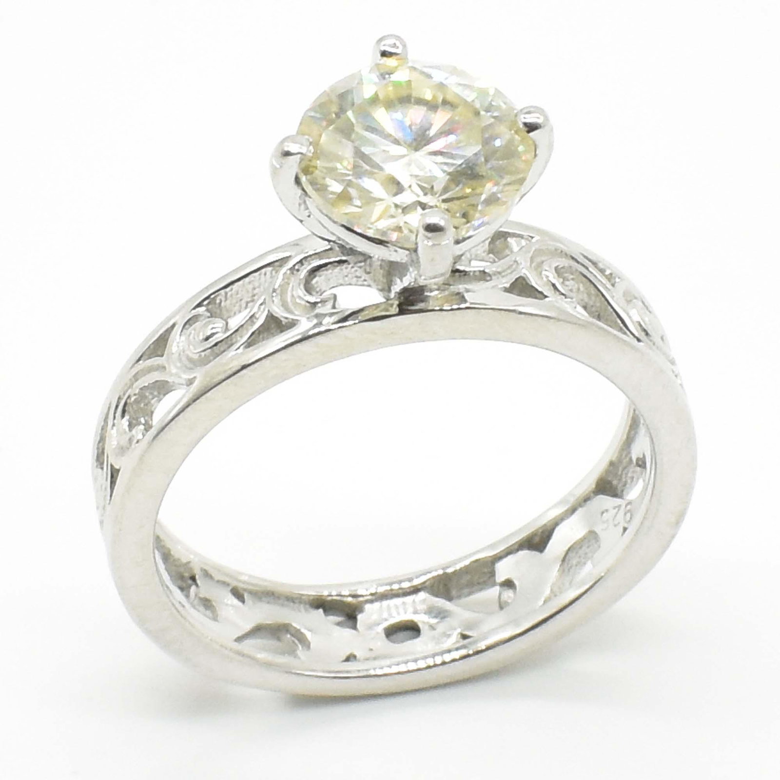 Silver Certified Moissanite (Round 7.50 Mm)(1.95ct) Ring: Silver Certified Moissanite (Round 7.50 Mm)(1.95ct) Rhodium Plated Test And Looks Better Than Diamond Ring (~Size 0) (~length 0 inches) (~weight 3.7g)