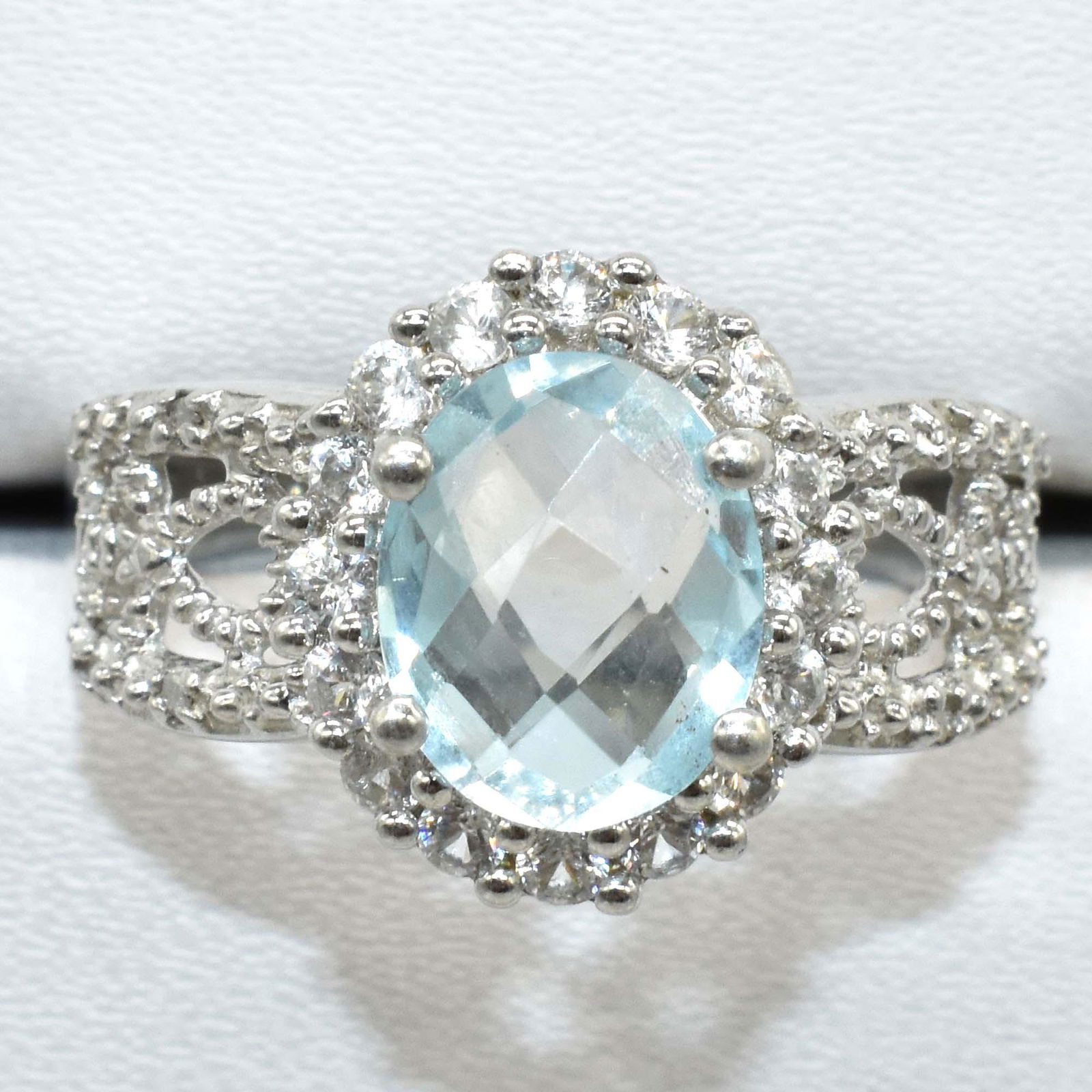 $260 Silver Blue Topaz Cz(3.6ct) Ring: Silver Blue Topaz Cz(3.6ct) Rhodium Plated Ring (~Size 8)(Ring is resizable for $40) (~length 0 inches) (~weight 4.85g), Suggested Retail Value $260