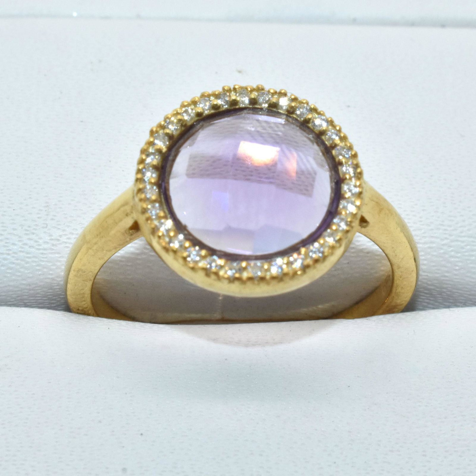 $120 Gold plated Sil Amethyst(4.1ct) Ring: Gold plated Silver Amethyst(4.1ct) Rhodium Plated Ring (~Size 7.5)(Ring is resizable for $40) (~length 0 inches) (~weight 4.05g), Suggested Retail Value $120