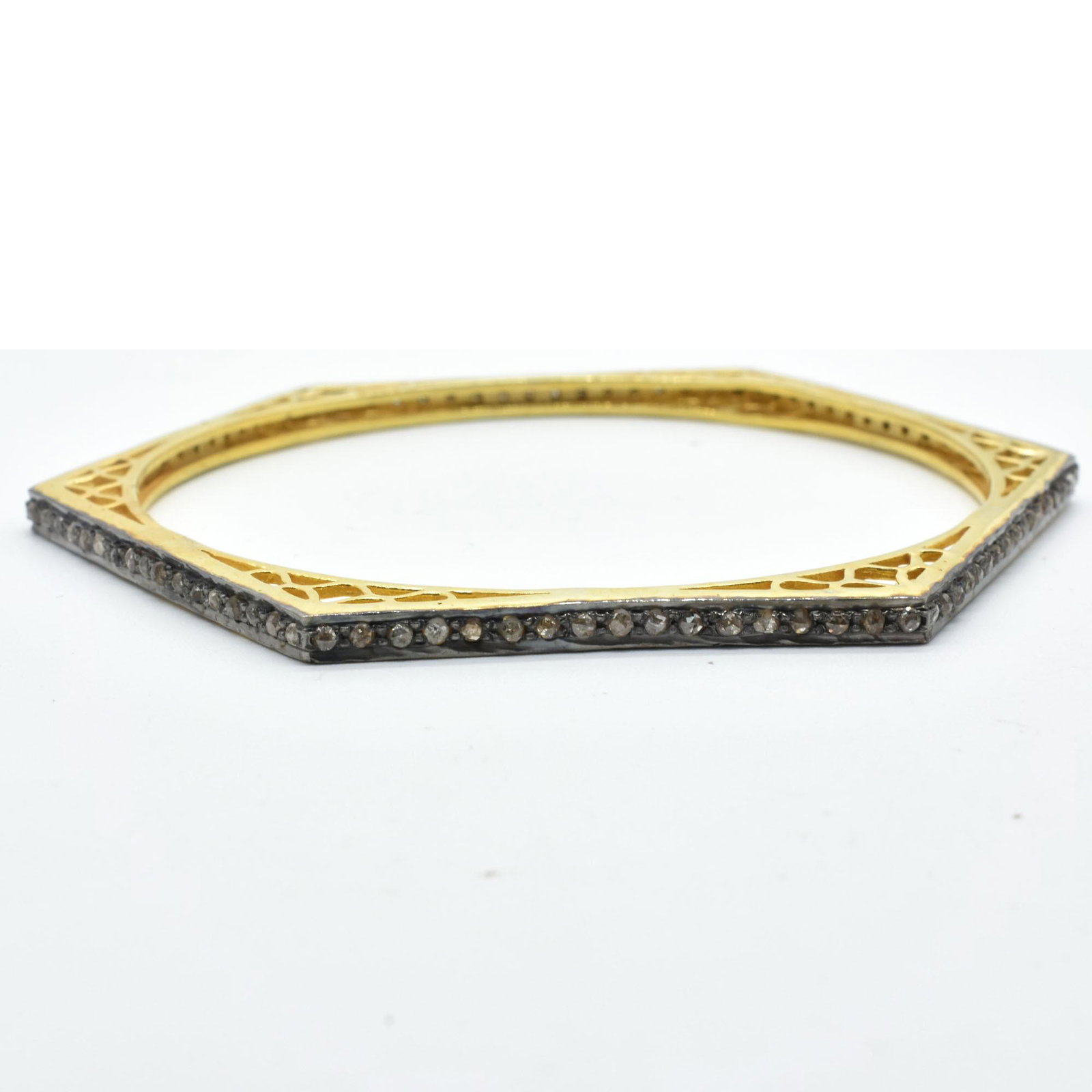 $900 Gold plated Sil Diamond(3.3ct) Bangle: Gold plated Silver Diamond(3.3ct) Gold Plated Victorian Jewelry Bangle (~Size 0) (~length 0 inches) (~weight 17.45g), Suggested Retail Value $900