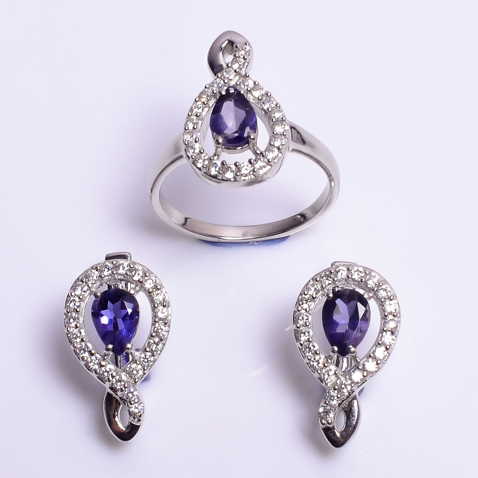 $380 Silver Iolite & Cz(3.75ct) Ring Earring Set: Silver Iolite & Cz(3.75ct) Rhodium Plated Ring Earring Set (~Size 7.5)(Ring is resizable for $40) (~length 0 inches) (~weight 8.25g), Suggested Retail Value $380