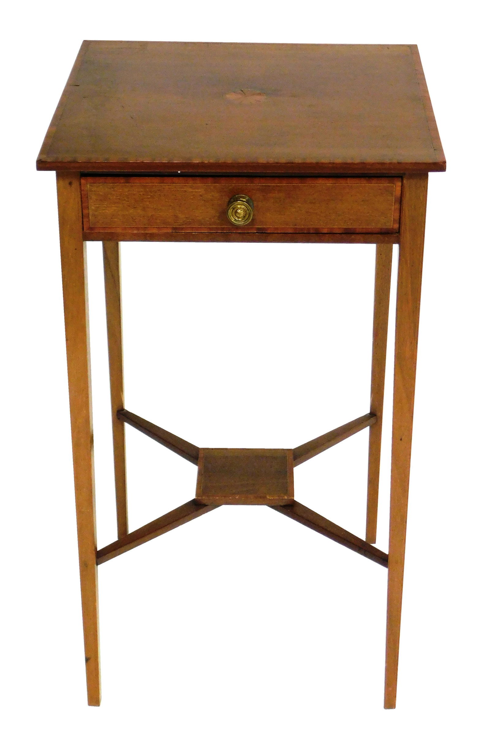 Federal style single drawer stand, band and fan inlay,: Federal style single drawer stand, band and fan inlay, stamped metal pull, thin tapered square column legs with cross stretchers and small shelf, wear consistent with age and use including scratches,