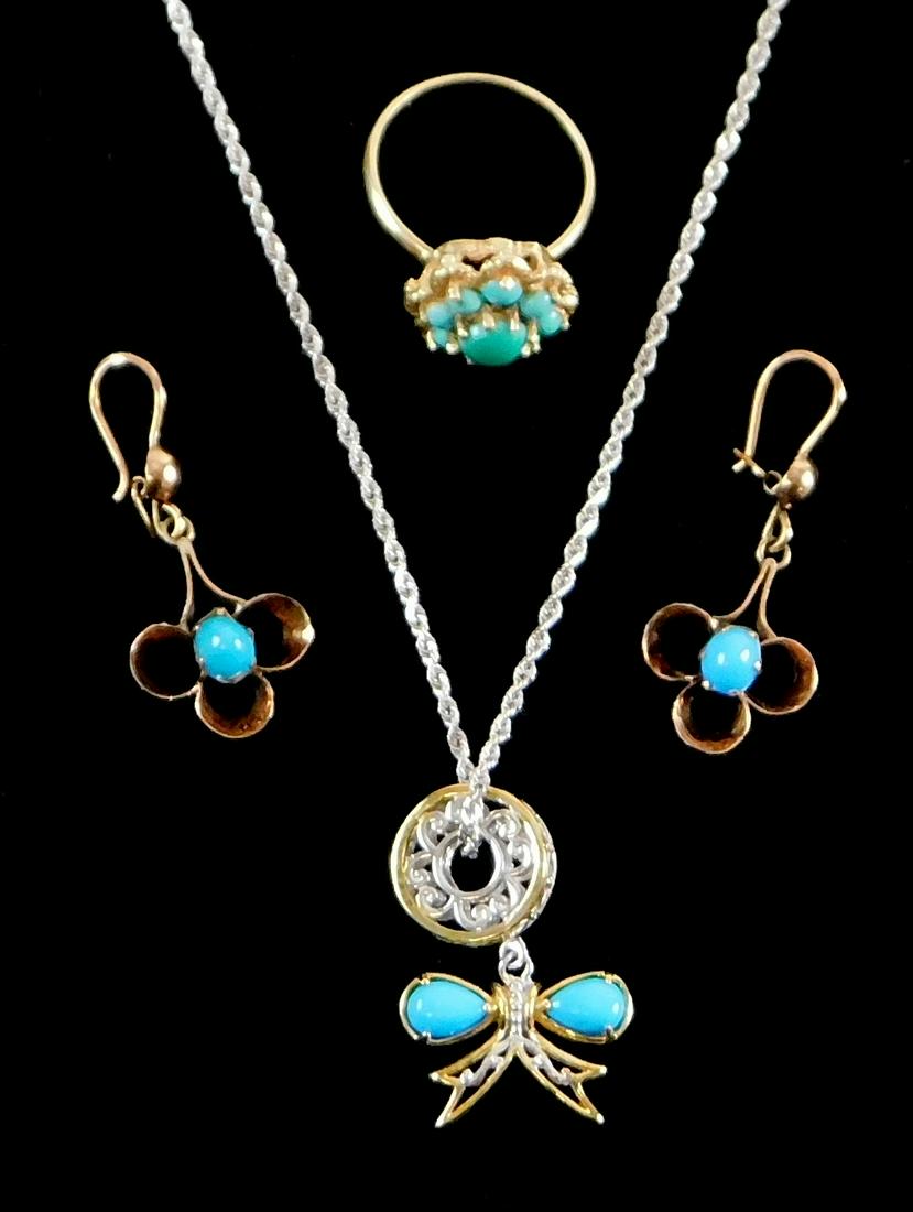 JEWELRY: Three Pieces of gold and Turquoise jewelry:: JEWELRY: Three Pieces of gold and Turquoise jewelry: one sterling silver turquoise pendant with 14K white gold chain; one 14K Turquoise cluster ring; and one tested 14K drop pierced earrings, each wit