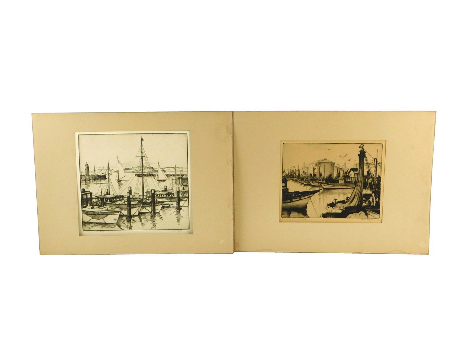 Gene Kloss (American, 1903-1966), two unframed: Gene Kloss (American, 1903-1966), two unframed etchings, pencil signed, "Fisherman's Wharf" and "Yacht Harbor", both of San Francisco, both matted and with wear consistent with age, both with staining