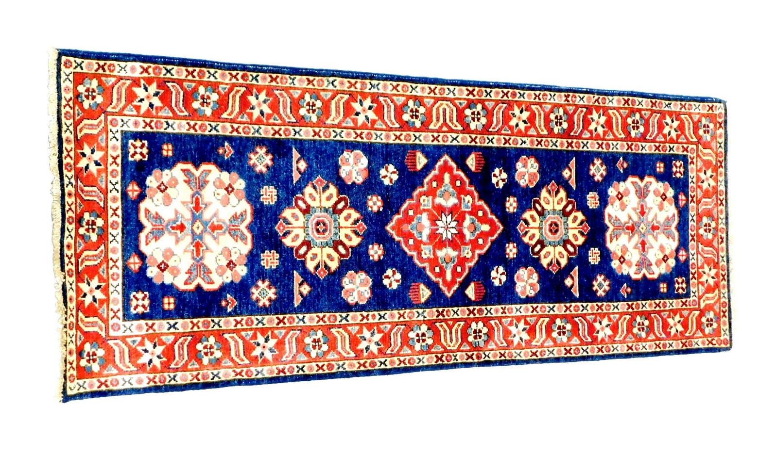 RUG: Uzbek Sultanabad, 2' 3" x 5' 7", hand-woven, 100%: RUG: Uzbek Sultanabad, 2' 3" x 5' 7", hand-woven, 100% wool, classic geometric design, pacific blue ground, red border, five medallions with scattered rosettes, made in the last ten years, light wear 