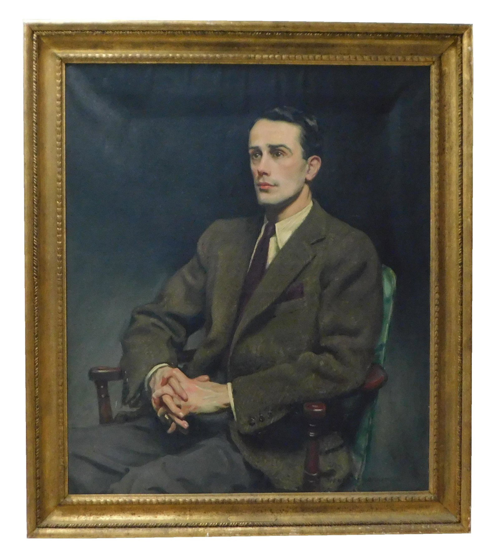 Sidney Dickinson (American, 1890 - 1980), oil on: Sidney Dickinson (American, 1890 - 1980), oil on canvas, "Portrait of Miss Wright's Son (Hamilton Wright as a Young Man)" depicts seated young man with fingers interlaced on lap, signed LR, "Grand Cen