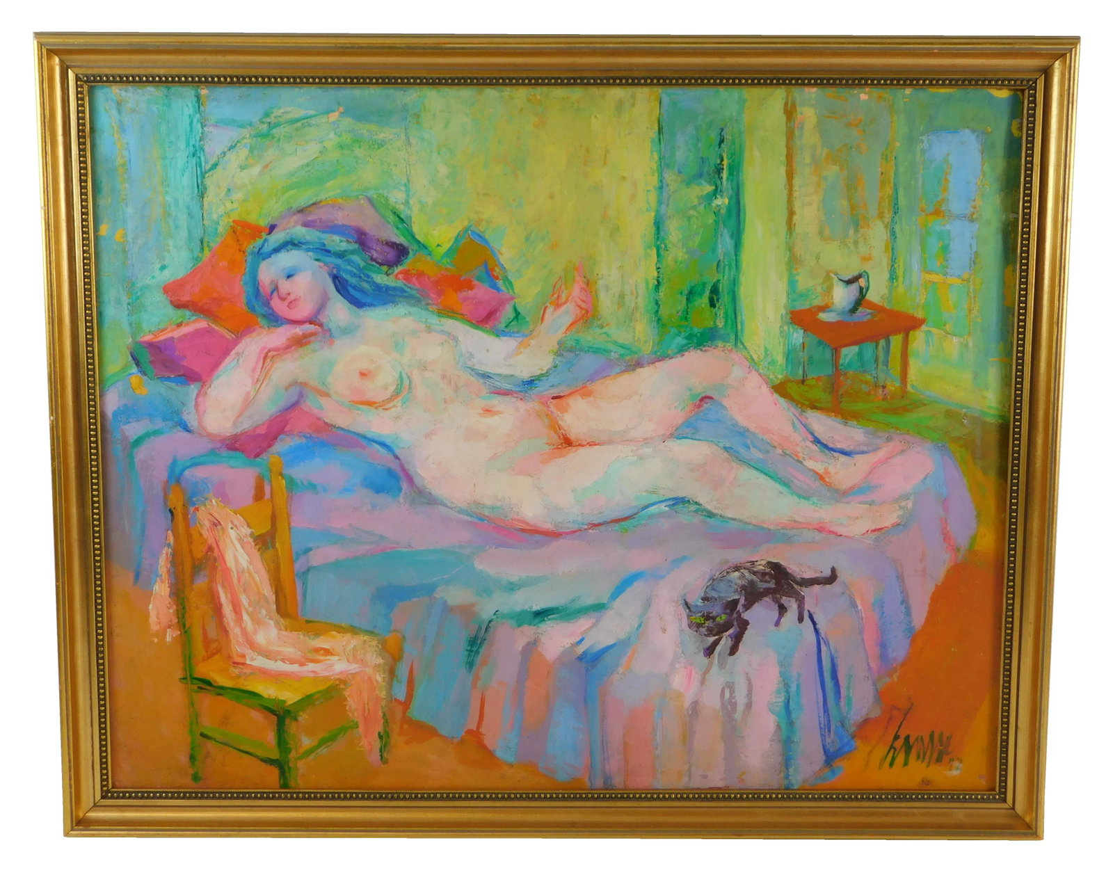 Josephine Sands (American, 1913 - 1986), 20th C. oil on: Josephine Sands (American, 1913 - 1986), 20th C. oil on board, depicts modern reclining nude with cat, signed and dated LR, framed, not examined out of frame, wear consistent with age including light 