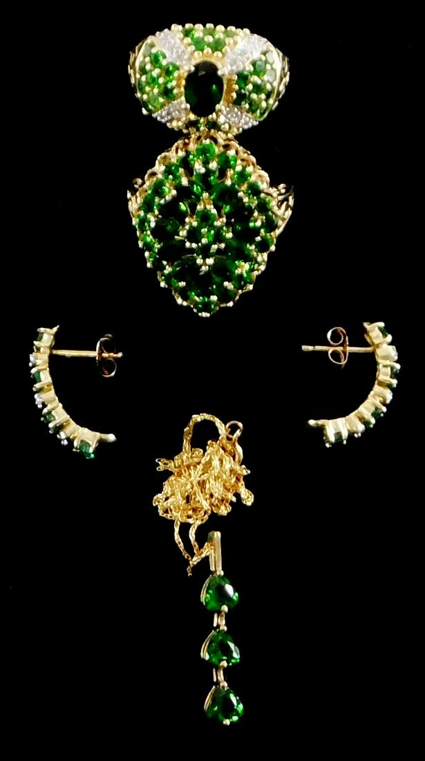 JEWELRY: Four pieces of yellow gold jewelry set with: JEWELRY: Four pieces of yellow gold jewelry set with green stones, including: one 14K yellow gold chrome diopside cluster ring; one 14K yellow gold chrome diopside and diamond cluster ring; one 10K ye