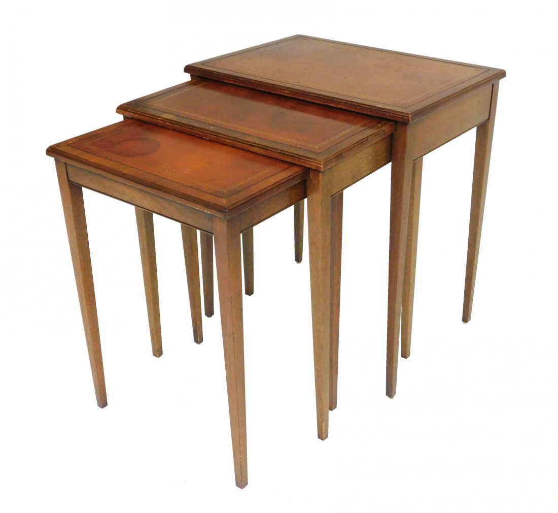 Federal style Henredon Heritage nesting tables, set of: Federal style Henredon Heritage nesting tables, set of three, mahogany, embossed leather tops over Hepplewhite-style tapered square column legs, makers mark and label to underside of top, heavy wear t