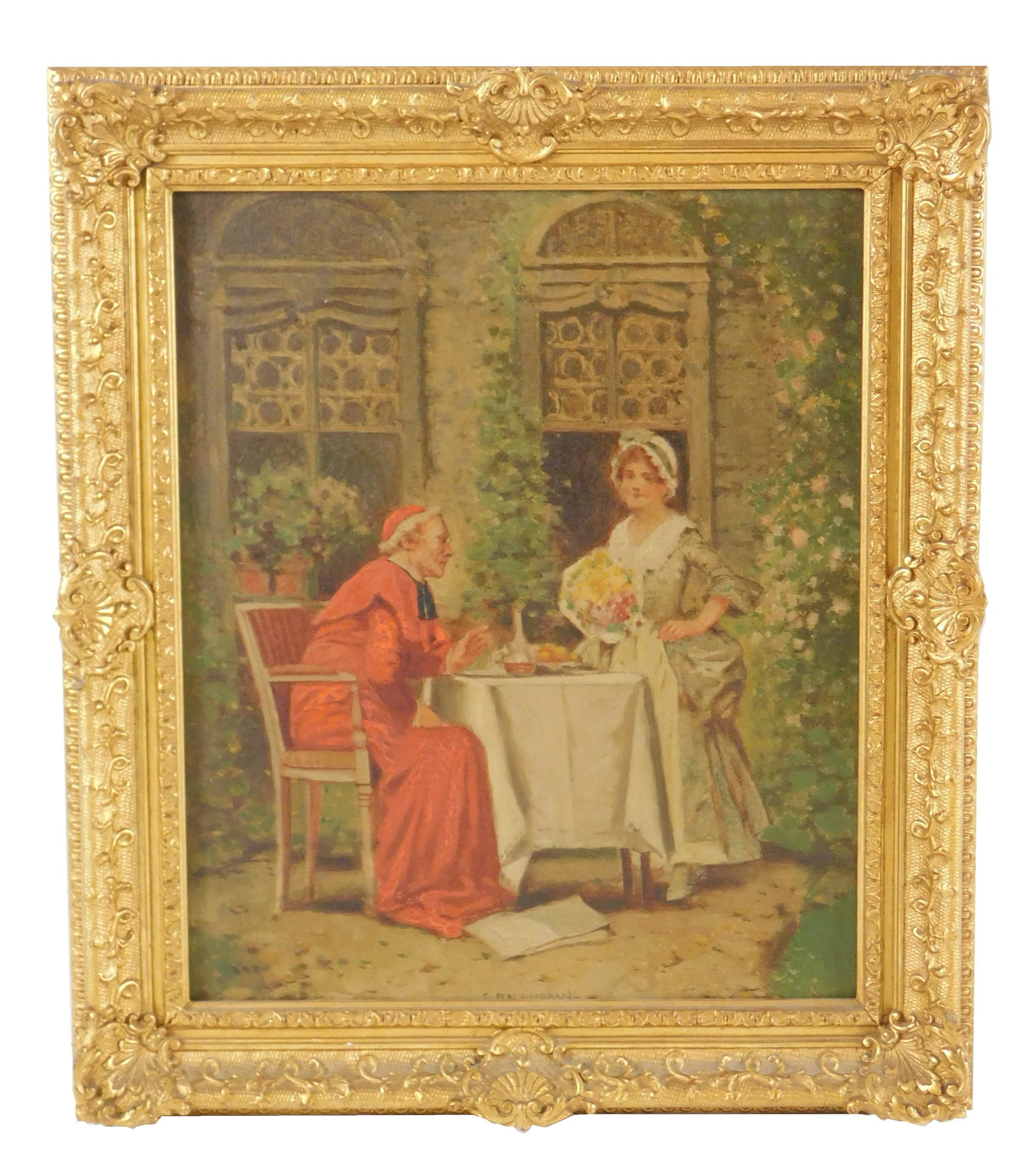 E. Percy Moran (American, 1862 - 1935), oil on canvas,: E. Percy Moran (American, 1862 - 1935), oil on canvas, depicts cardinal seated at table in garden, woman holds flowers, signed lower center, small gilt frame, two labels attached verso, condition cons