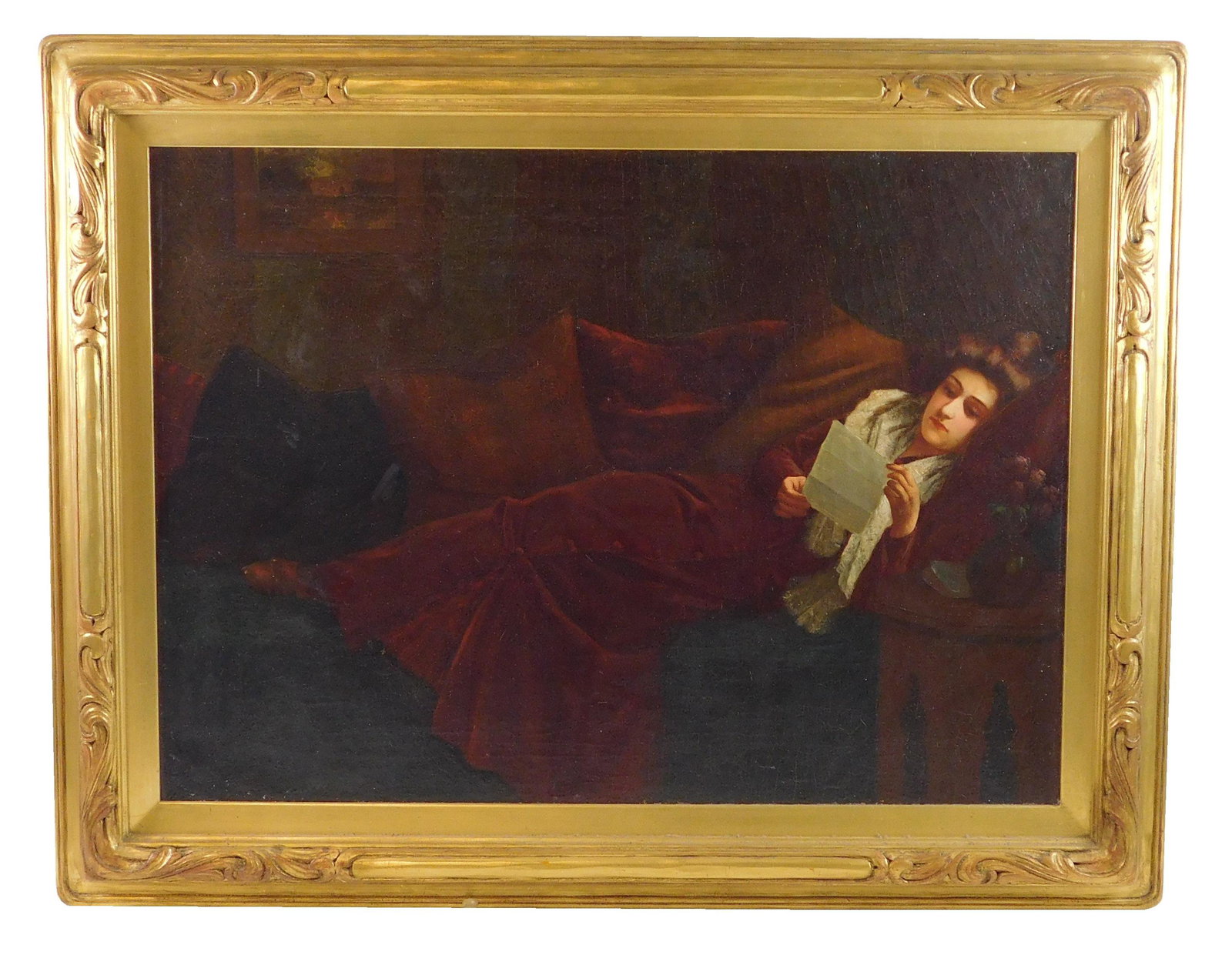 Late 19th/ early 20th C. oil on canvas, partially: Late 19th/ early 20th C. oil on canvas, partially illegible signature lower left resembles "H Rhyman", depicts Victorian woman reclining wearing a red dress with white collar, framed, not examined out