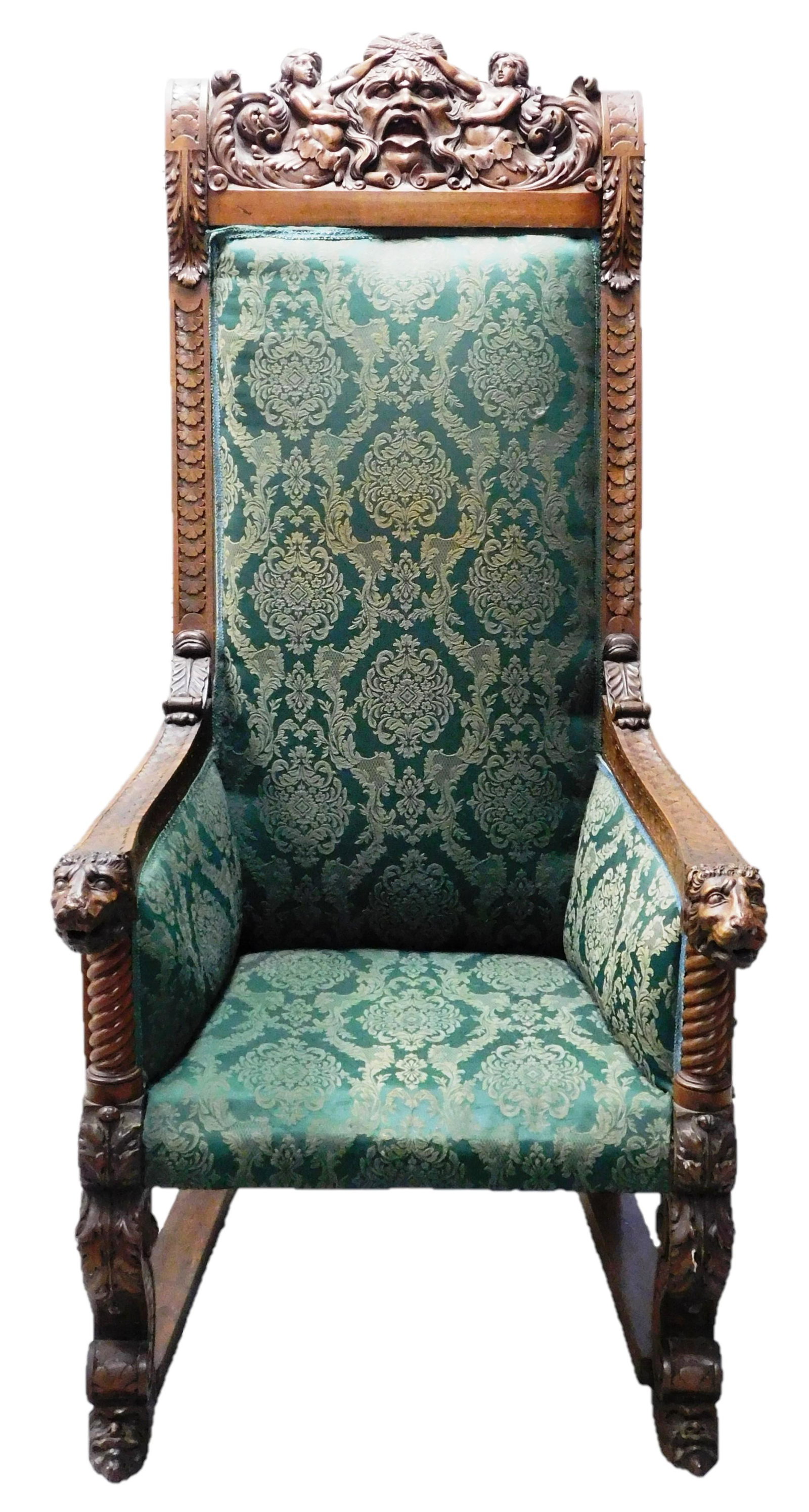 Monumental Baroque Revival throne chair, late 19th C.,: Monumental Baroque Revival throne chair, late 19th C., masque and mermaid carved crest, elaborate carvings throughout, green upholstery, missing seat cushion, wear consistent with age and use includin