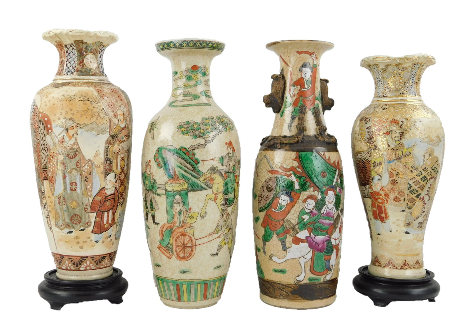 ASIAN: Four Asian baluster form vases, 19th/20th C.,: ASIAN: Four Asian baluster form vases, 19th/20th C., including: two Chinese porcelain, one with famille verte, the other with famille rose figural decoration; and two Japanese earthenware including a 
