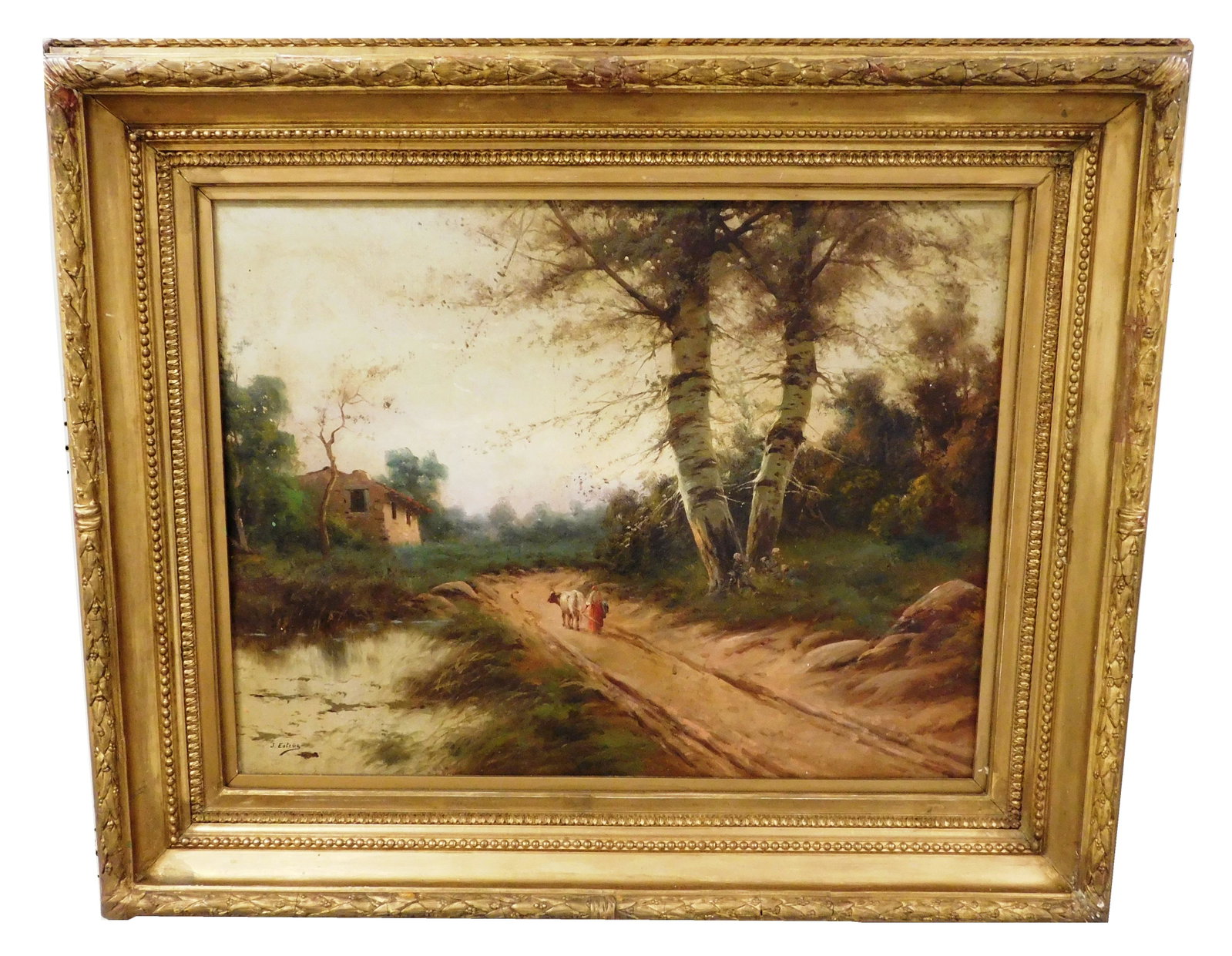 Continental pastoral scene, 19th/early 20th C., oil on: Continental pastoral scene, 19th/early 20th C., oil on canvas, signed "J. Esteus" at the lower left, depicts woman in red dress herding single cow down dirt road in mid-ground, pair of large birch tre