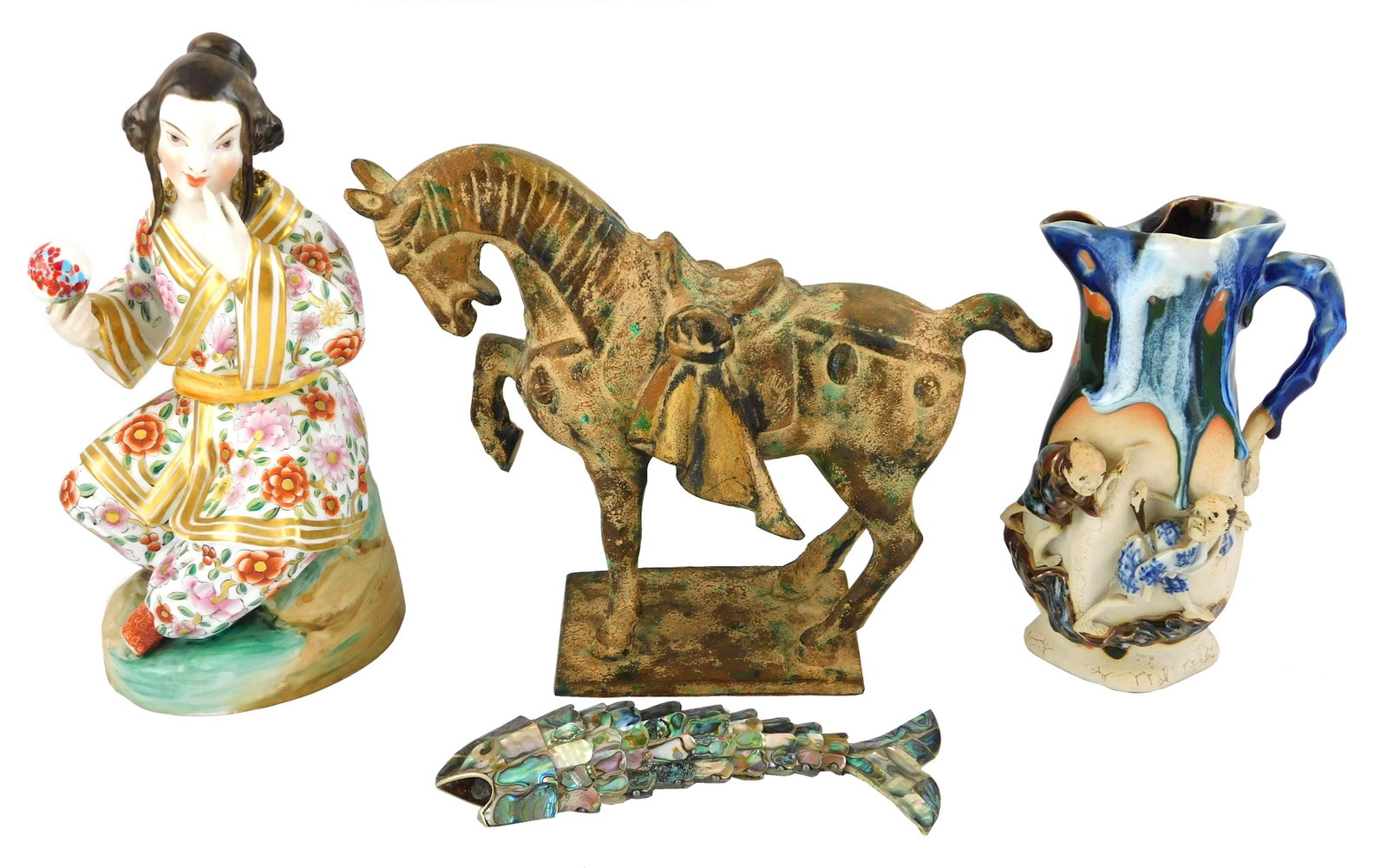 ASIAN: Four pieces, including: reproduction Tang style: ASIAN: Four pieces, including: reproduction Tang style metal horse; Suma Gawa pitcher; abalone animated fish; Continental style figure lamp, all pieces with wear consistent with age and use, largest: 