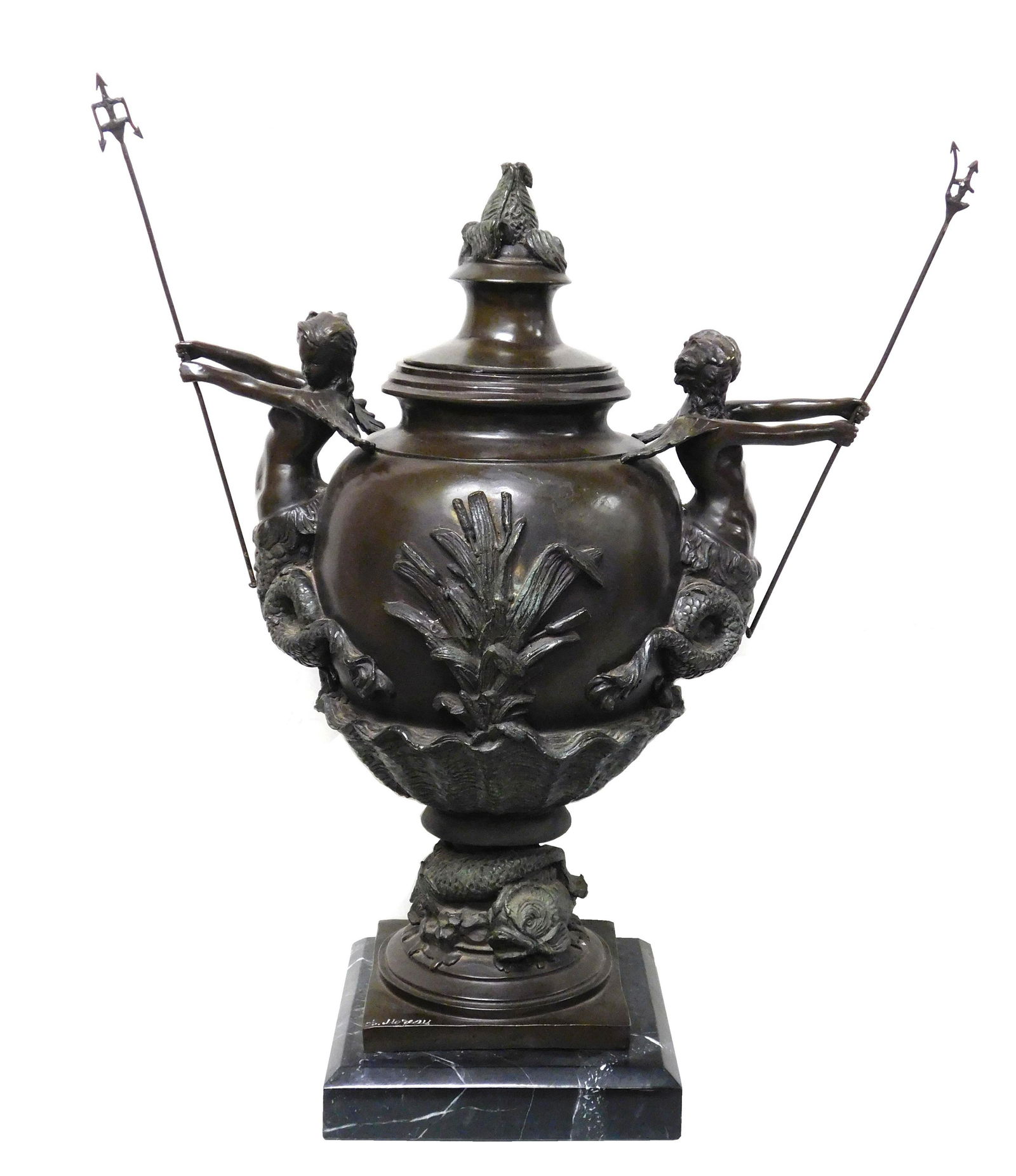 After Auguste Moreau bronze urn with lid, figural: After Auguste Moreau bronze urn with lid, figural handles of mermaid and merman holding tridents, one trident missing a spike, other motifs including shells on black barble base, overall 27" h., bronz