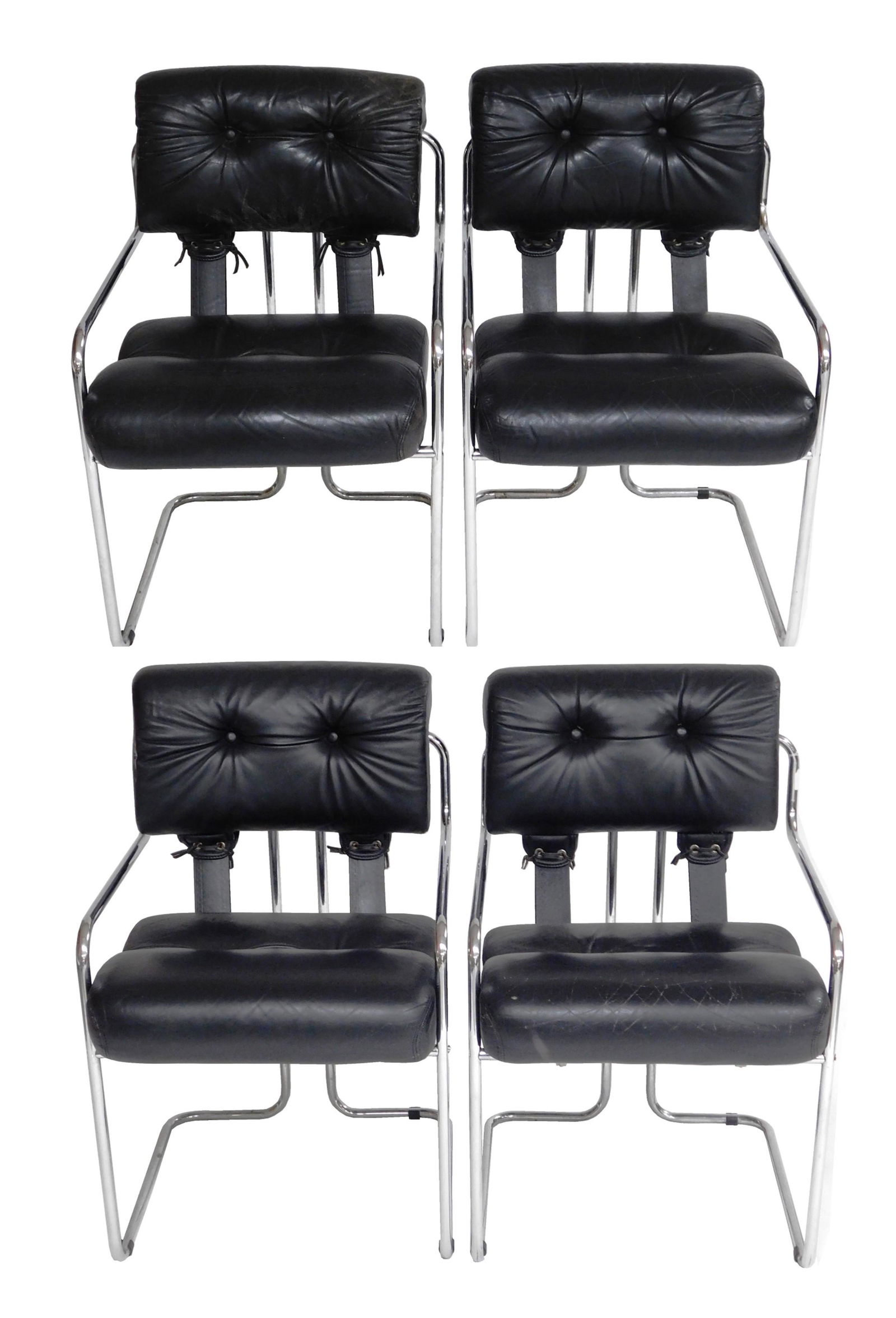 Four Italian "Tucroma" Mid-Century modern armchairs by: Four Italian "Tucroma" Mid-Century modern armchairs by Mariani, designed in the early 1970's by Guido Faleschini, Pace Collection, chrome cantilever frame with original tufted black leather backrest a