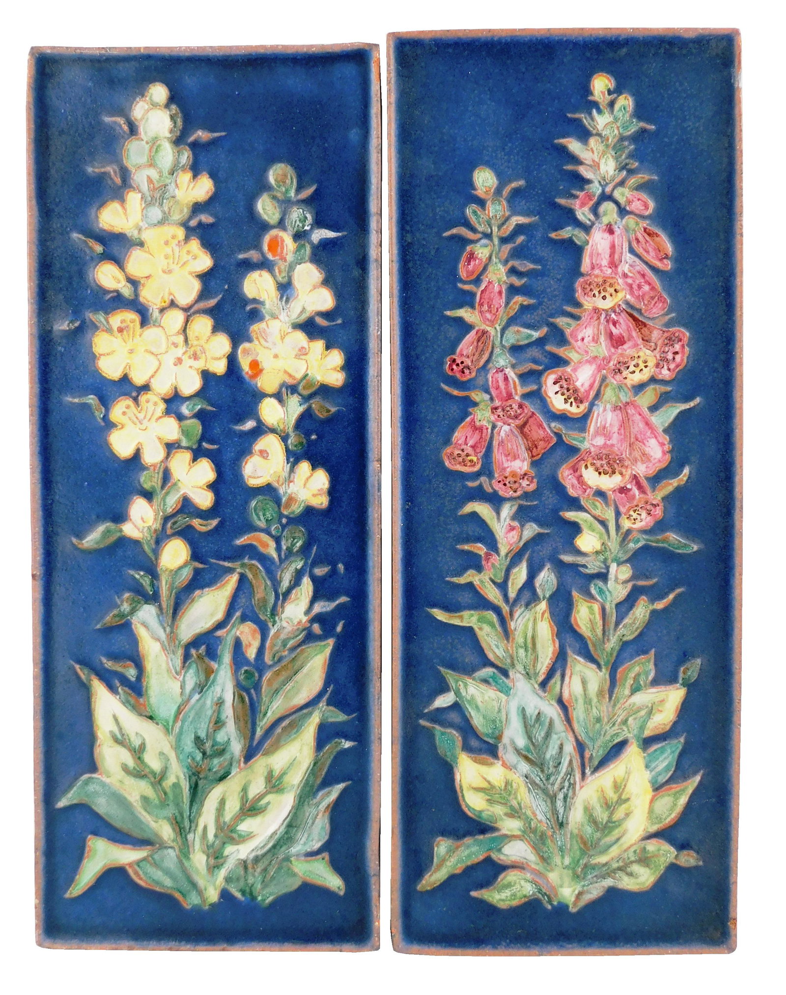 Karlsruhe two glazed pottery tiles, mid century modern,: Karlsruhe two glazed pottery tiles, mid century modern, one pink fox glove, one yellow blossoms, 19 1/4"h. x 7 1/4" w. x 1" d.