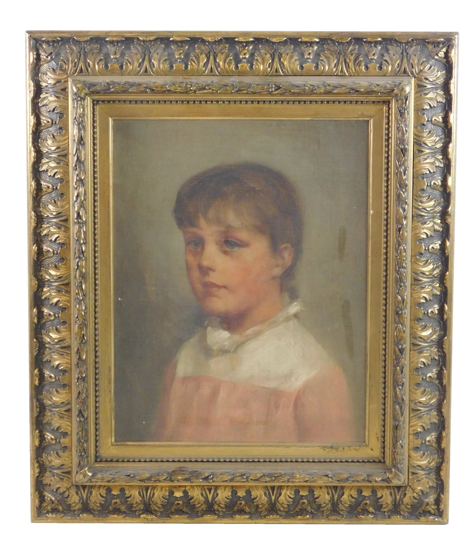 Late 19th C. portrait of a young girl, oil on canvas,: Late 19th C. portrait of a young girl, oil on canvas, depicts youth in a white collared pink dress, pencil inscriptions verso along with frame maker label "Bourlet & Sons, Fine Art Packers, Frame Make