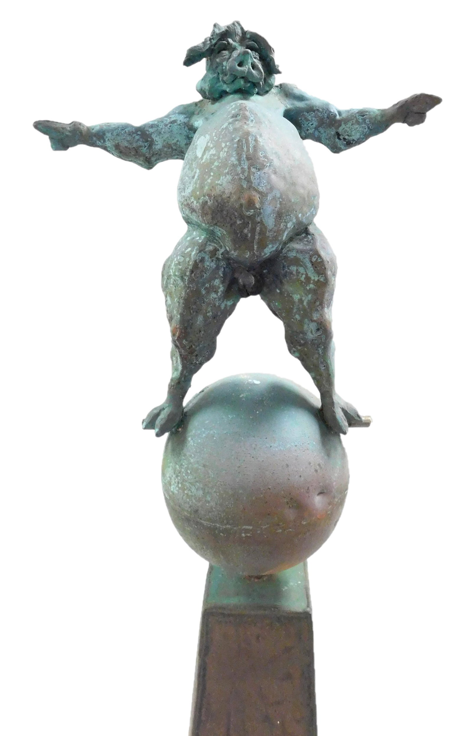 Roger DiTarando (American, 20th/ 21st C.), single pig: Roger DiTarando (American, 20th/ 21st C.), single pig figure sculpture on tall pedestal base, cast bronze, copper and stainless steel, depicts an upright, jubilant and corpulent pig figure with arms s