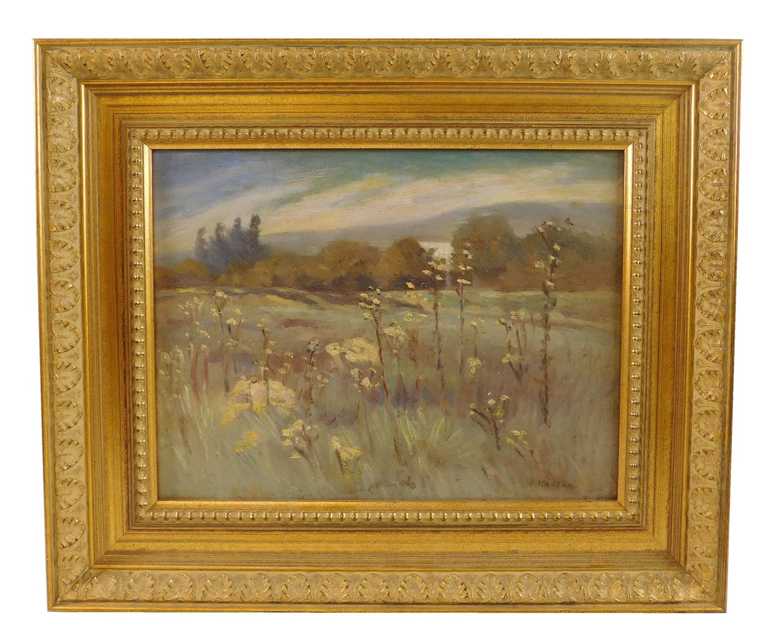 Adele Watson (American, 1873-1947), oil on board,: Adele Watson (American, 1873-1947), oil on board, depicts a field scene in cool tones with tall white flowers in foreground and trees in distance, signed lower right, framed, not examined out of frame