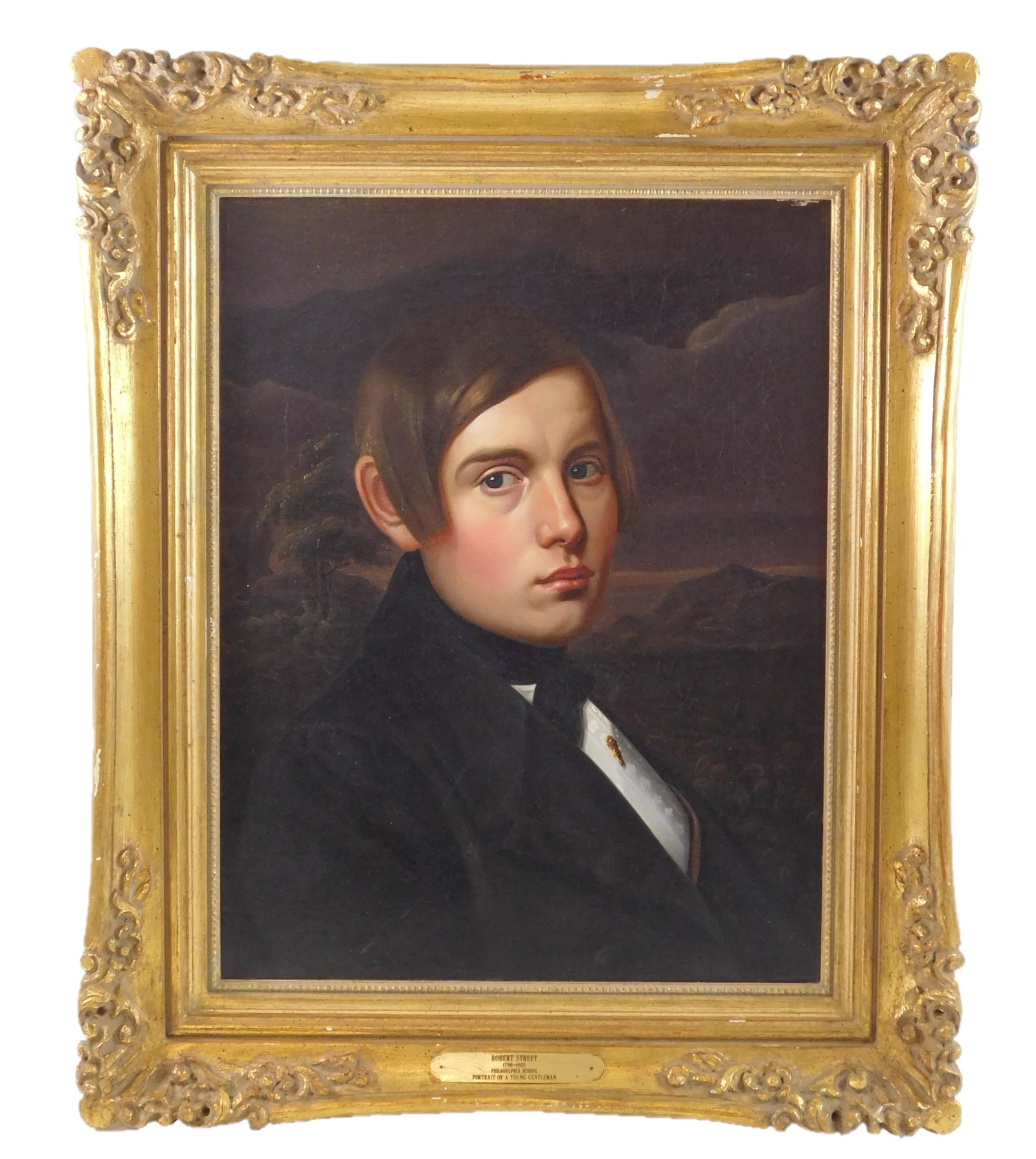 Attributed to Robert Street by plaque (American,: Attributed to Robert Street by plaque (American, 1796-1865), "Portrait of a Young Gentleman", oil on canvas, depicts young man with dark landscape in background, framed, not examined out of frame, wea