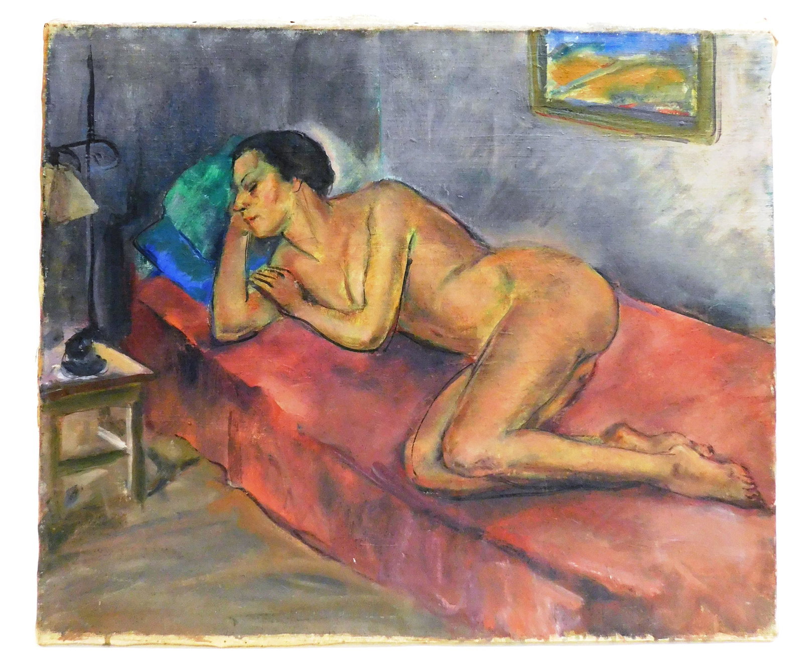 Marion Huse (American, 1896-1967), "Reclining Nude,": Marion Huse (American, 1896-1967), "Reclining Nude," oil on canvas, unsigned, female nude reclining on red bed with green-blue pillos, small painting hangs on wall above, with nightstand and lamp at l