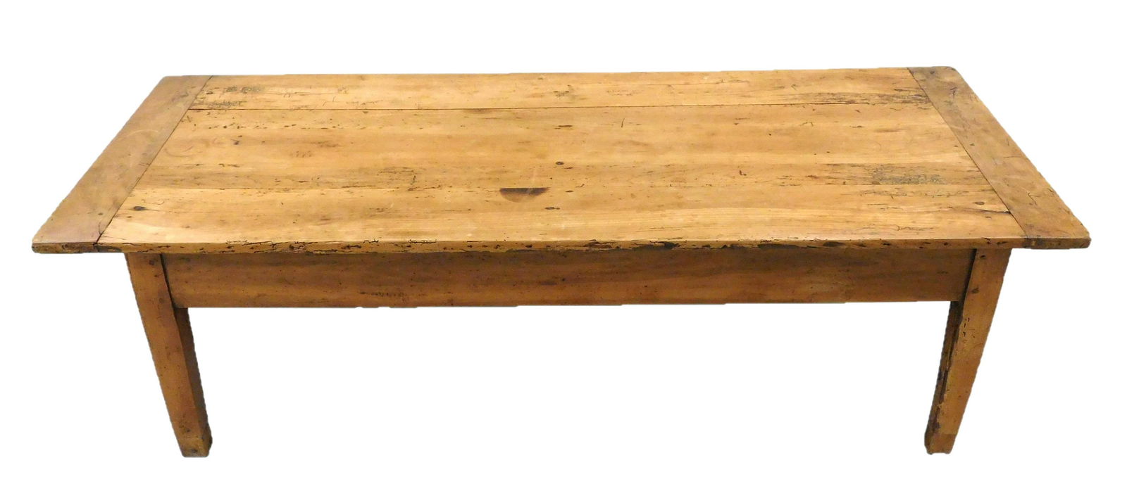 Oblong coffee table assembled from older panels,: Oblong coffee table assembled from older panels, bread-board top, two drawers with metal pulls/bails, raised on four tapered square column legs with extended feet, wear consistent with age and use inc