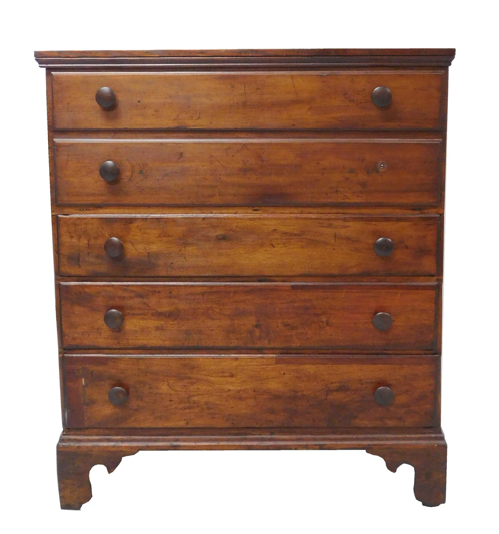 Tall blanket chest, lift top, three drawers, bracket: Tall blanket chest, lift top, three drawers, bracket base, dark stain finish, some condition issues appropriate with age and use, 48 1/4"h. x 41 1/2"w. x 18"d.