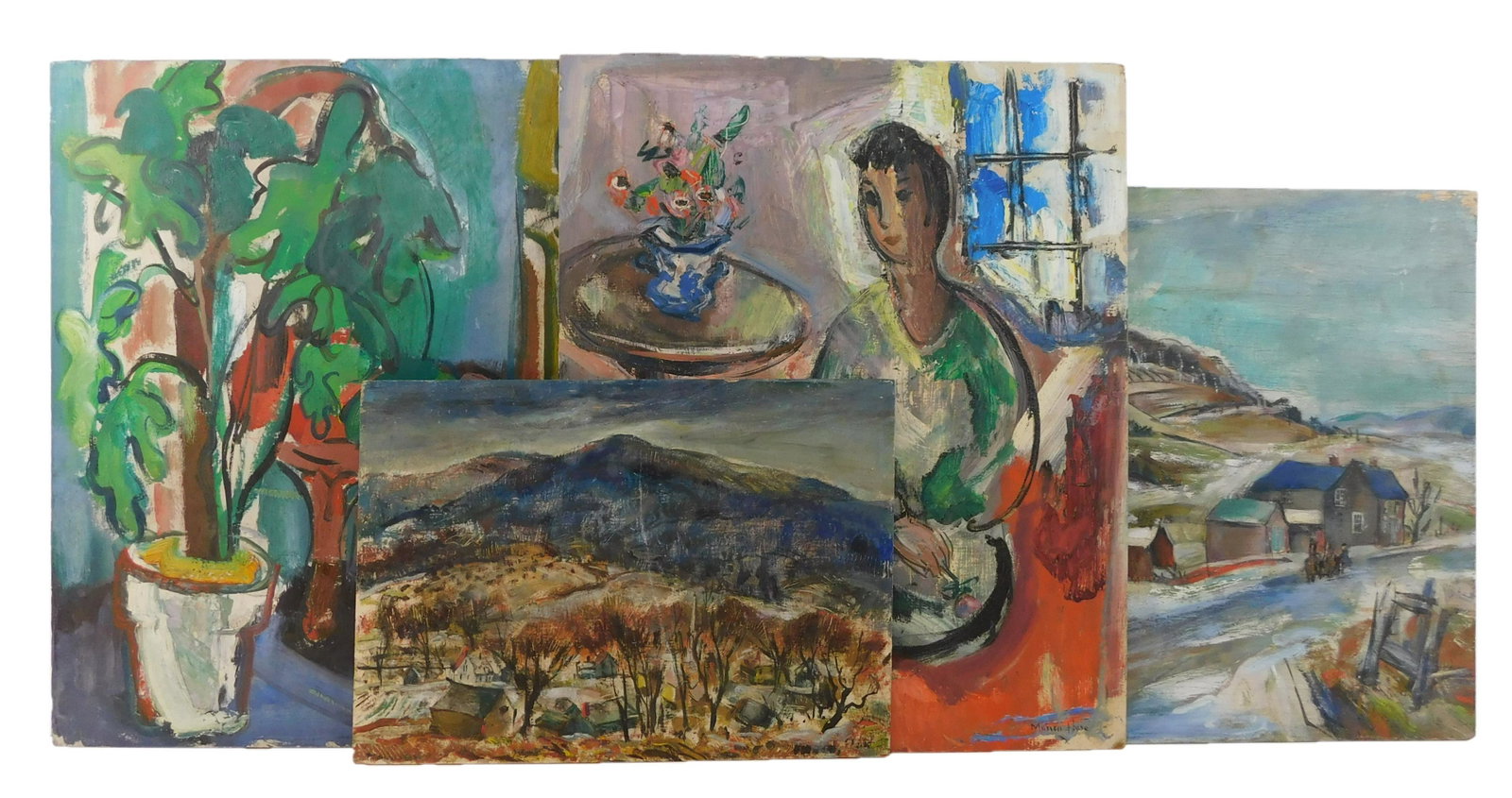 Marion Huse (American, 1896-1967), four unframed oils,: Marion Huse (American, 1896-1967), four unframed oils, including: "From Our Living Room Window", 1943, oil on board, signed lower left, rural landscape with trees surrounding houses in the foreground,
