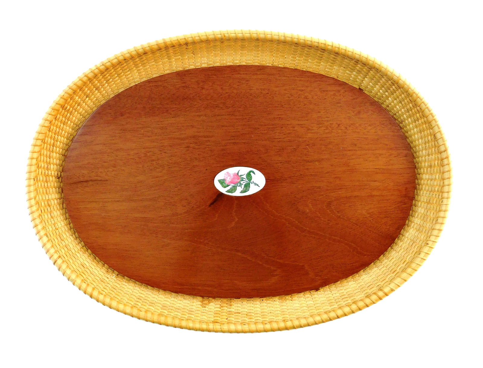 Nantucket tray, oval wooden base with inlaid medallion (1 of 3)
