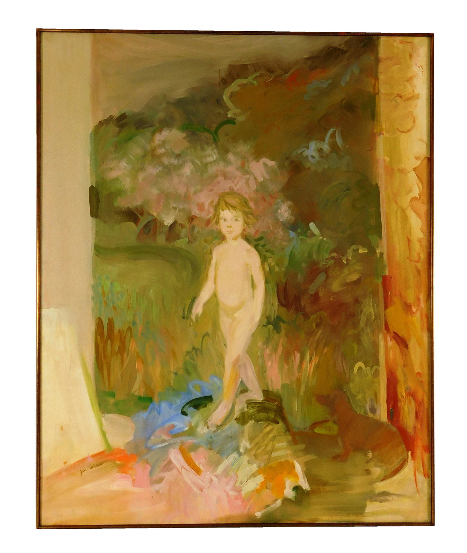 Jane Wilson (American, 1924-2015), "Bare Julia", oil on: Jane Wilson (American, 1924-2015), "Bare Julia", oil on canvas, depicts nude child walking through garden, small dog in lower right corner, signed lower left, inscription verso "Bare Julia 50 x 40 Jan