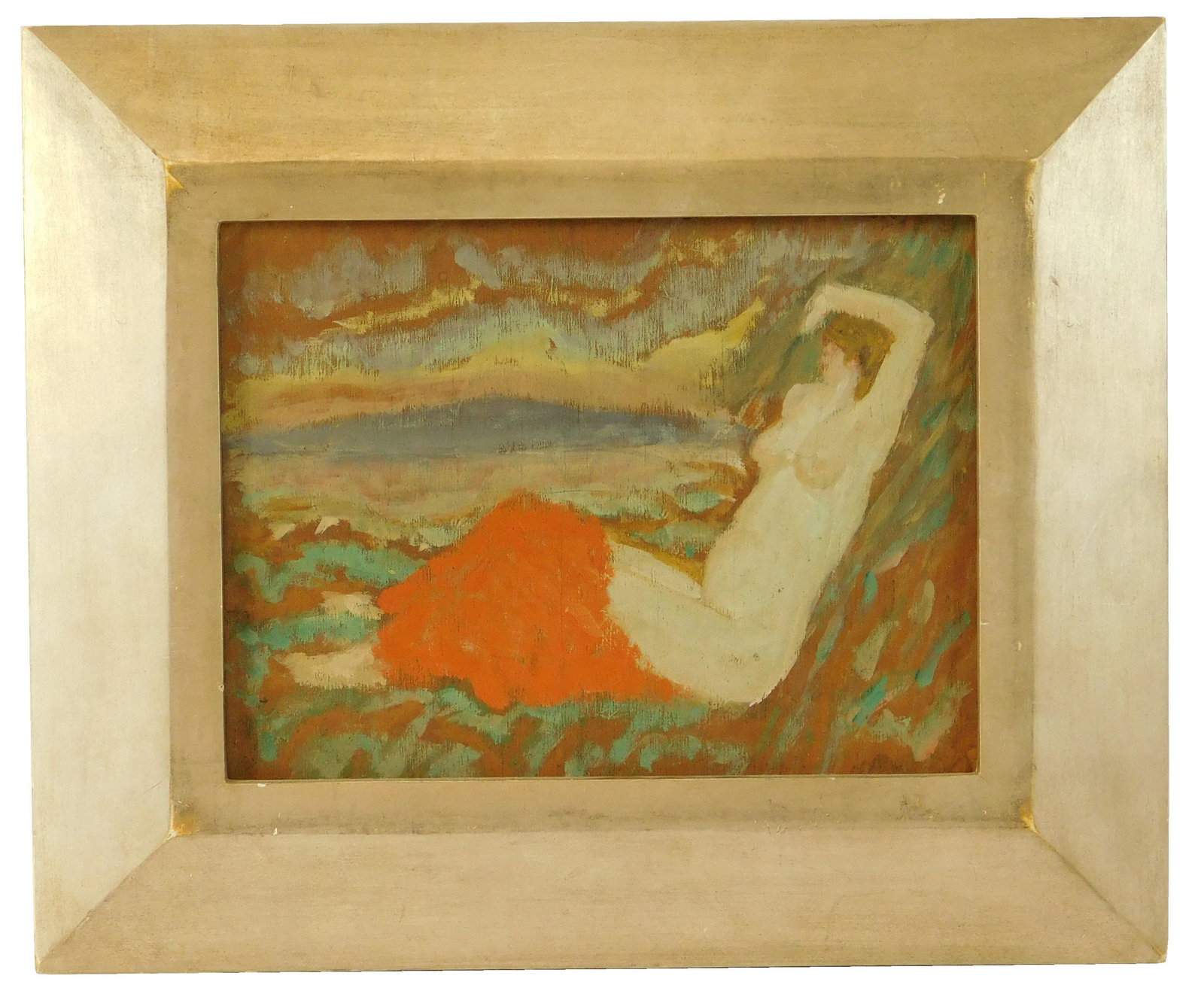 20th C. painting of reclining woman, oil on wood panel,: 20th C. painting of reclining woman, oil on wood panel, depicts female nude with red drapery in foreground against abstracted landscape background of blue and brown, Salander-O'Reilly Galleries label 