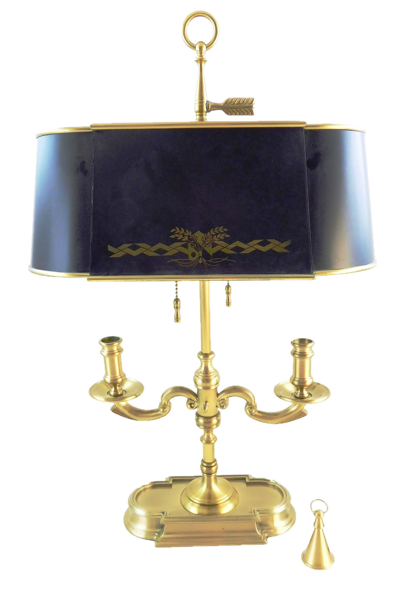 Brass bouillotte lamp, 20th C., ring handle finial over: Brass bouillotte lamp, 20th C., ring handle finial over two lights, each with string pull, standard with two candleholders with removable snuffer, raised on oblong shaped plinth base, metal shade with
