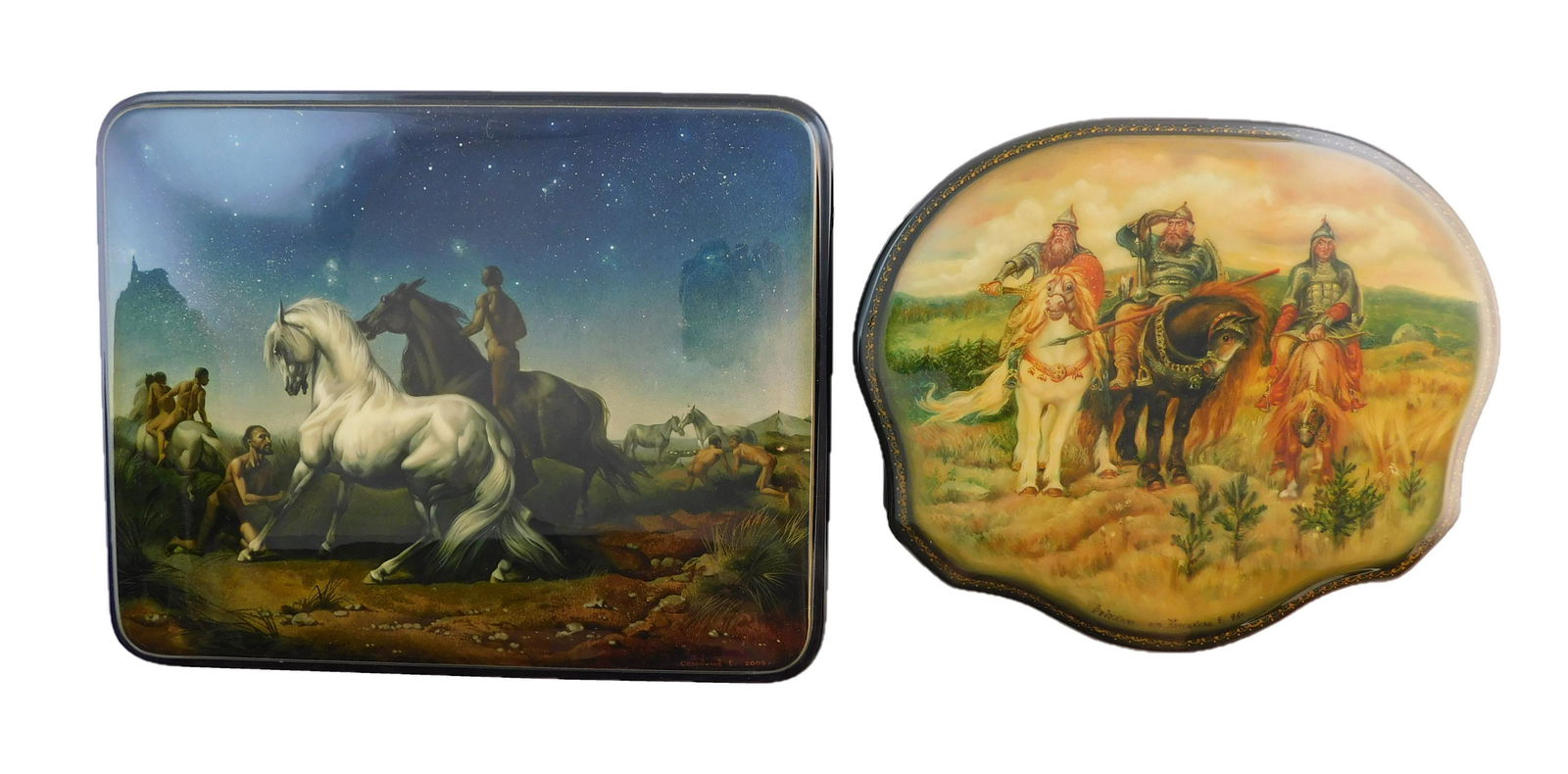 Russian hand-painted lacquer boxes, two large pieces, (1 of 5)