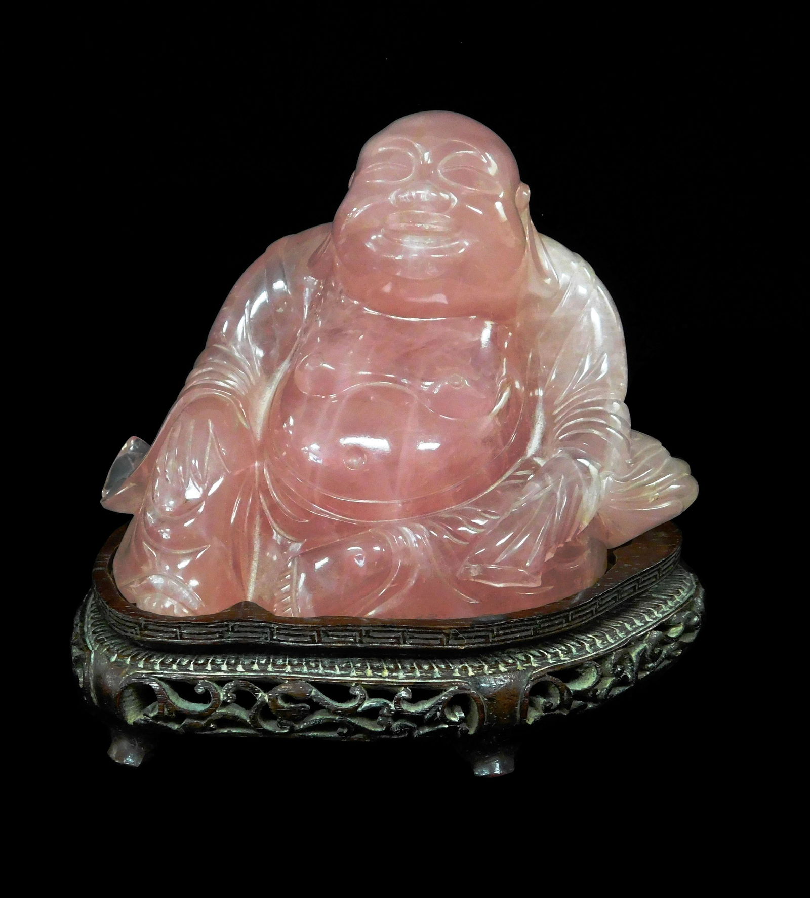 ASIAN: Carved rose quartz smiling Buddha sculpture, (1 of 3)