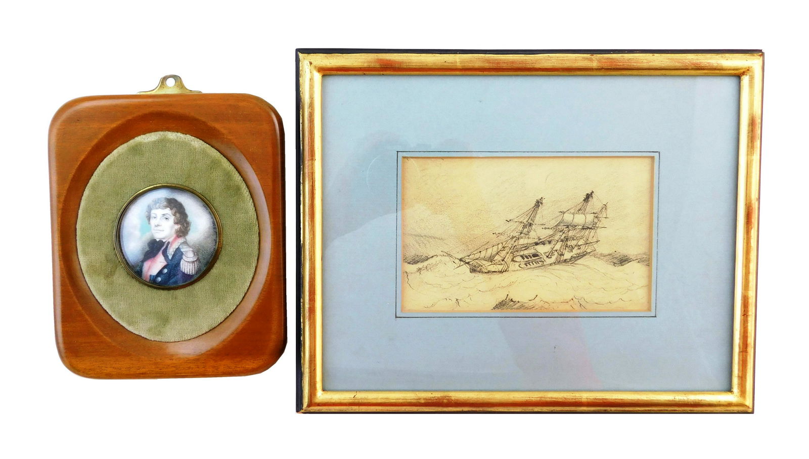 Two framed artworks: one miniature watercolor on (1 of 4)