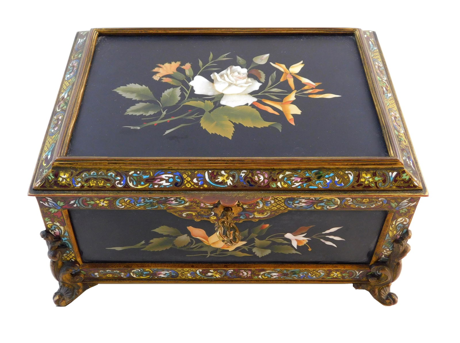 Pietra dura, bronze and enamel hinged lid box, (1 of 6)