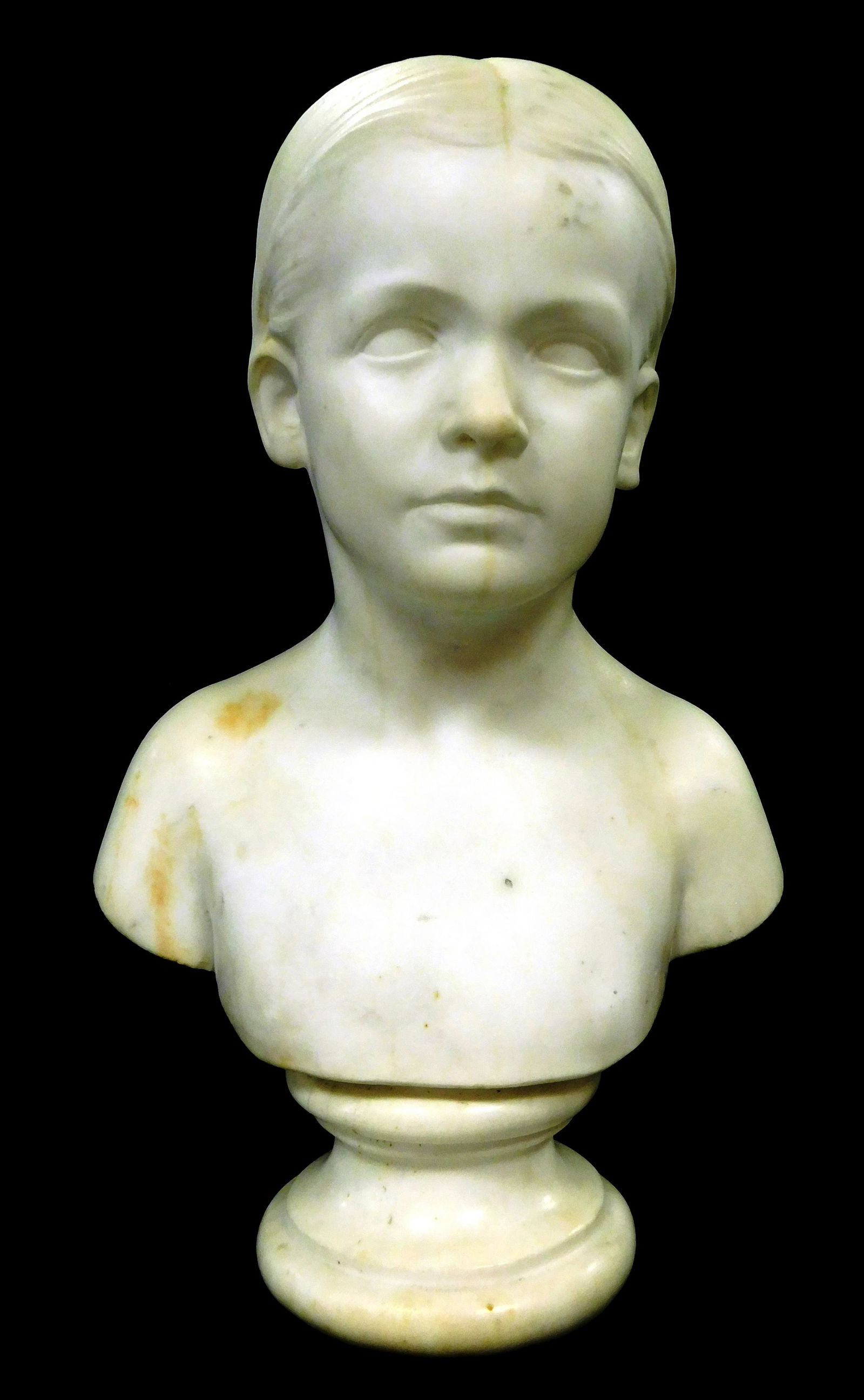 Carved white marble bust of young boy, unsigned, raised (1 of 3)
