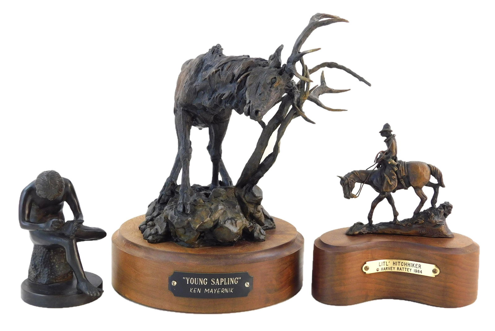 Three bronzes by Ken Mayernick, Harvey Rattey, etc., (1 of 9)